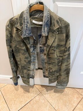 Camo Jacket with Distressed Denim Trim